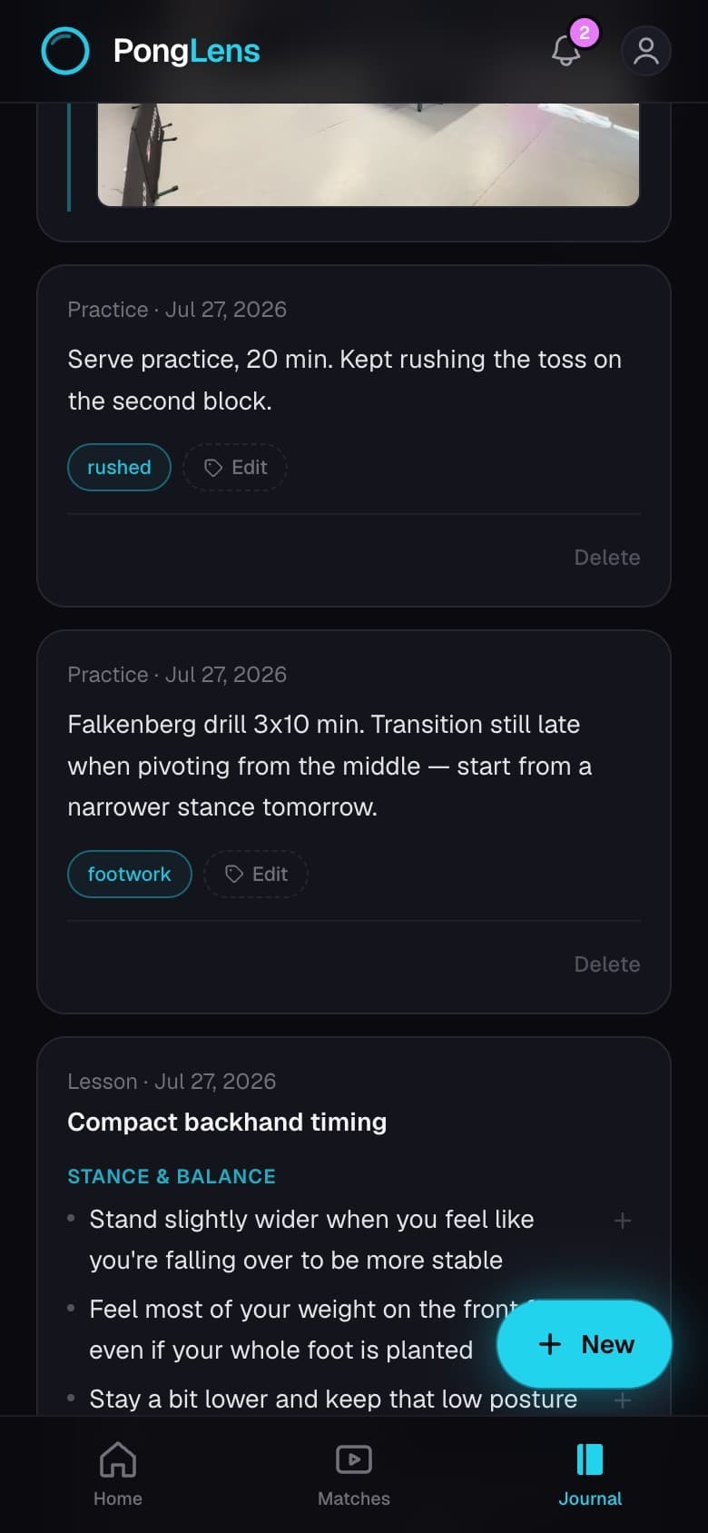 The journal on a phone: a lesson summary beside practice and match notes